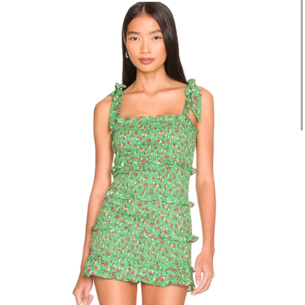 More To Come “Despina” Green Floral Ruched Tiered Mini Dress